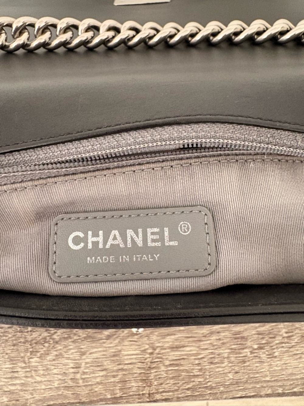 CHANEL Black Calfskin Chevron Boy Bag with Silver Hardware and Gourmette Chain - Picture 9 of 13